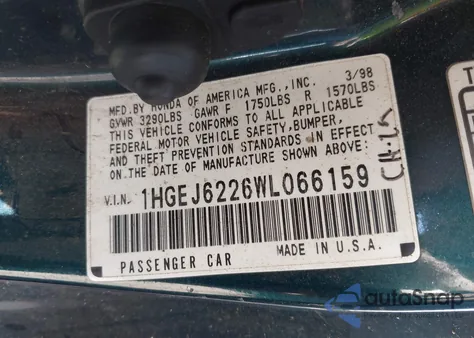 1998 Honda Civic Dx из США, поврежденный, VIN 1HGEJ6226WL066159